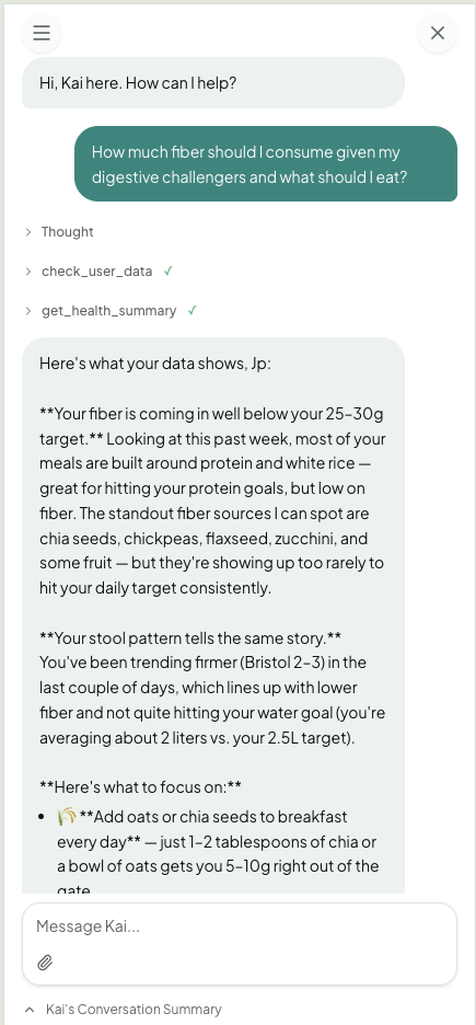 Asking Kai about fiber intake and getting personalized answers